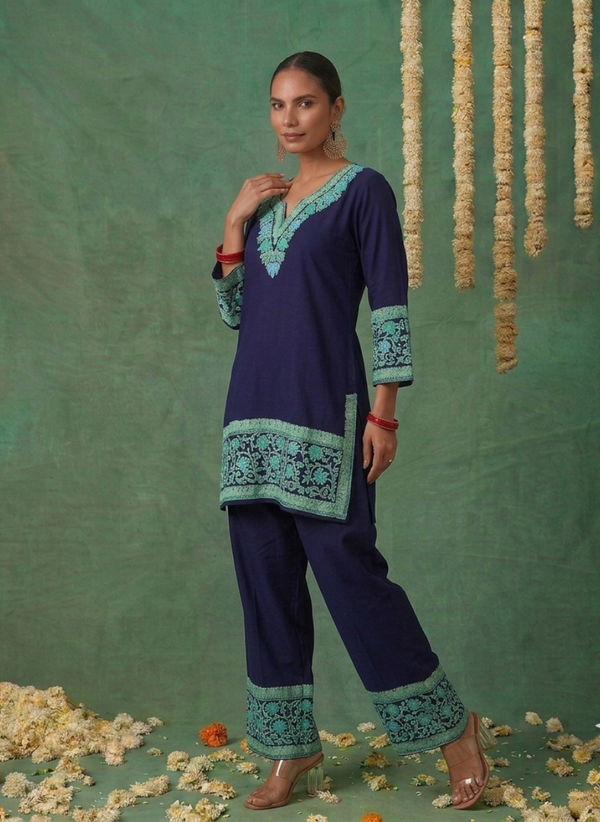 Rabia Deep Blue Rayon Kashmiri Kurta and Pants Set
