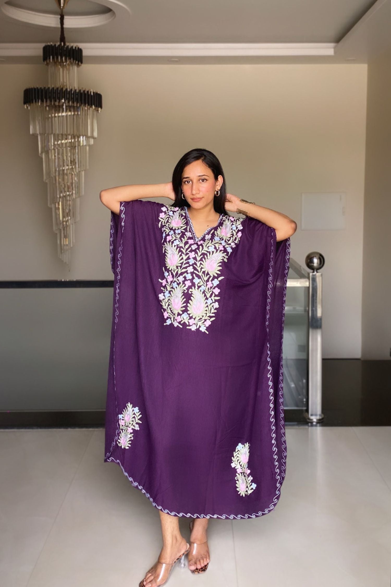 Roshni Saini in Grape Purple Kashmiri Summer Kaftan - Long