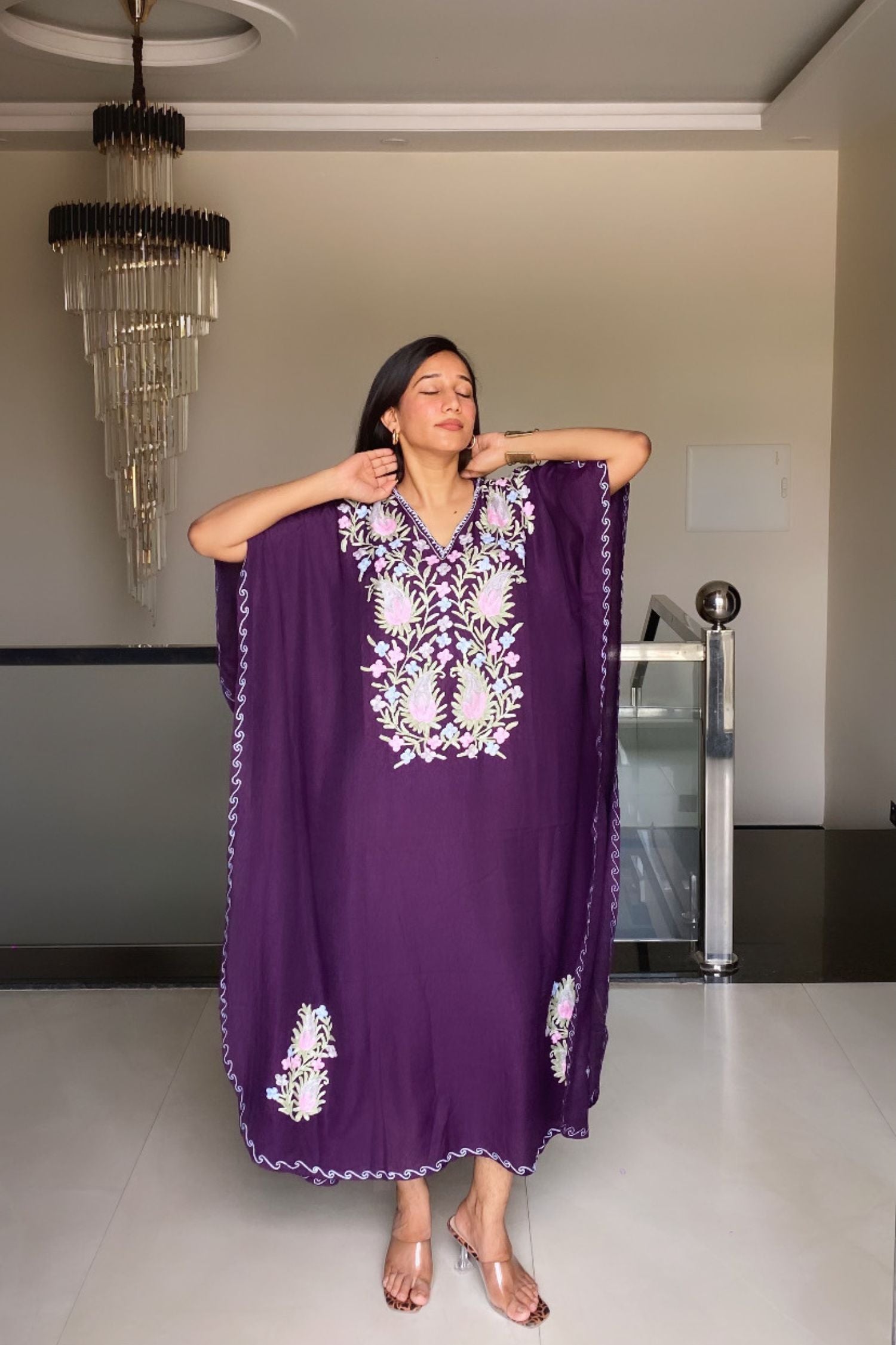 Roshni Saini in Grape Purple Kashmiri Summer Kaftan - Long