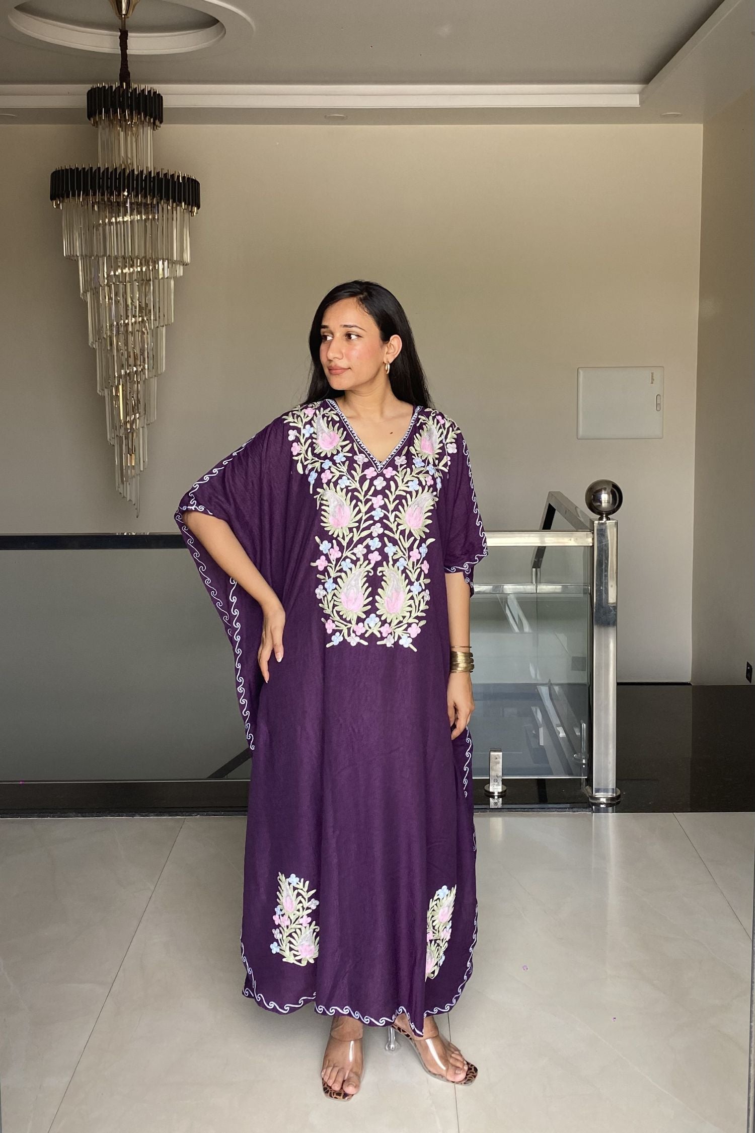 Roshni Saini in Grape Purple Kashmiri Summer Kaftan - Long