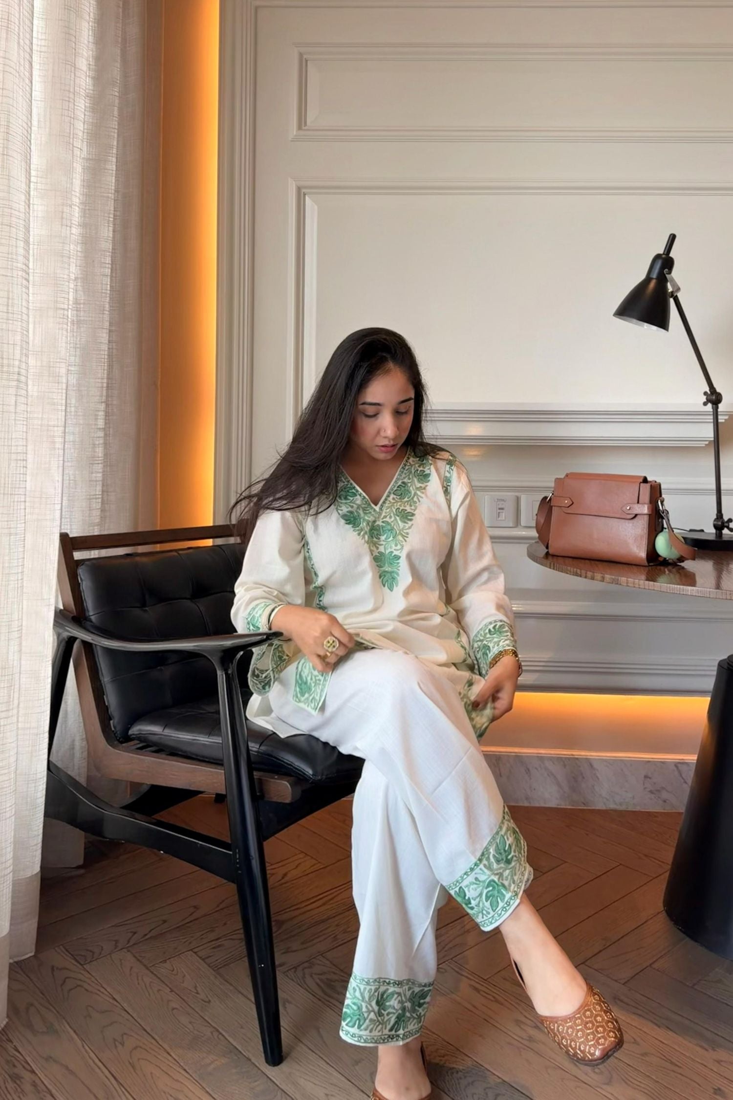 Maneet Bedi In Alia Green Cotton Kashmiri Kurta and Pants Set