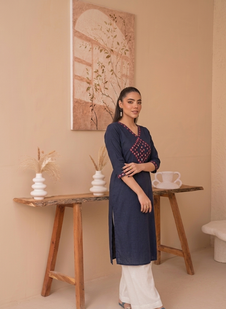 Safa Blue Kutch Mirror Work Cotton Long Kurta