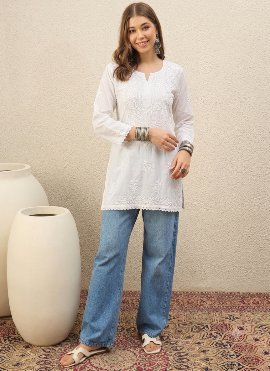 Ayat White Chikankari Mulmul Cotton Short Kurta