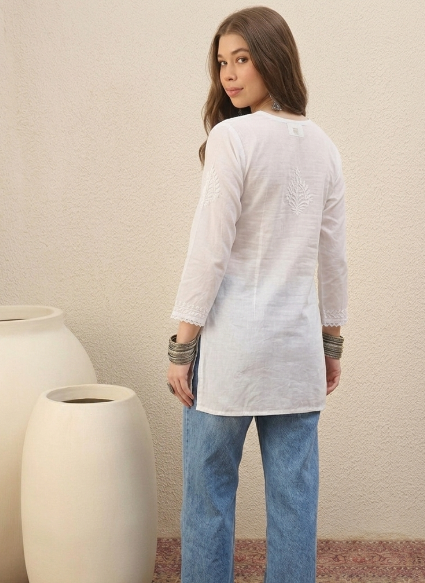 Ayat White Chikankari Mulmul Cotton Short Kurta