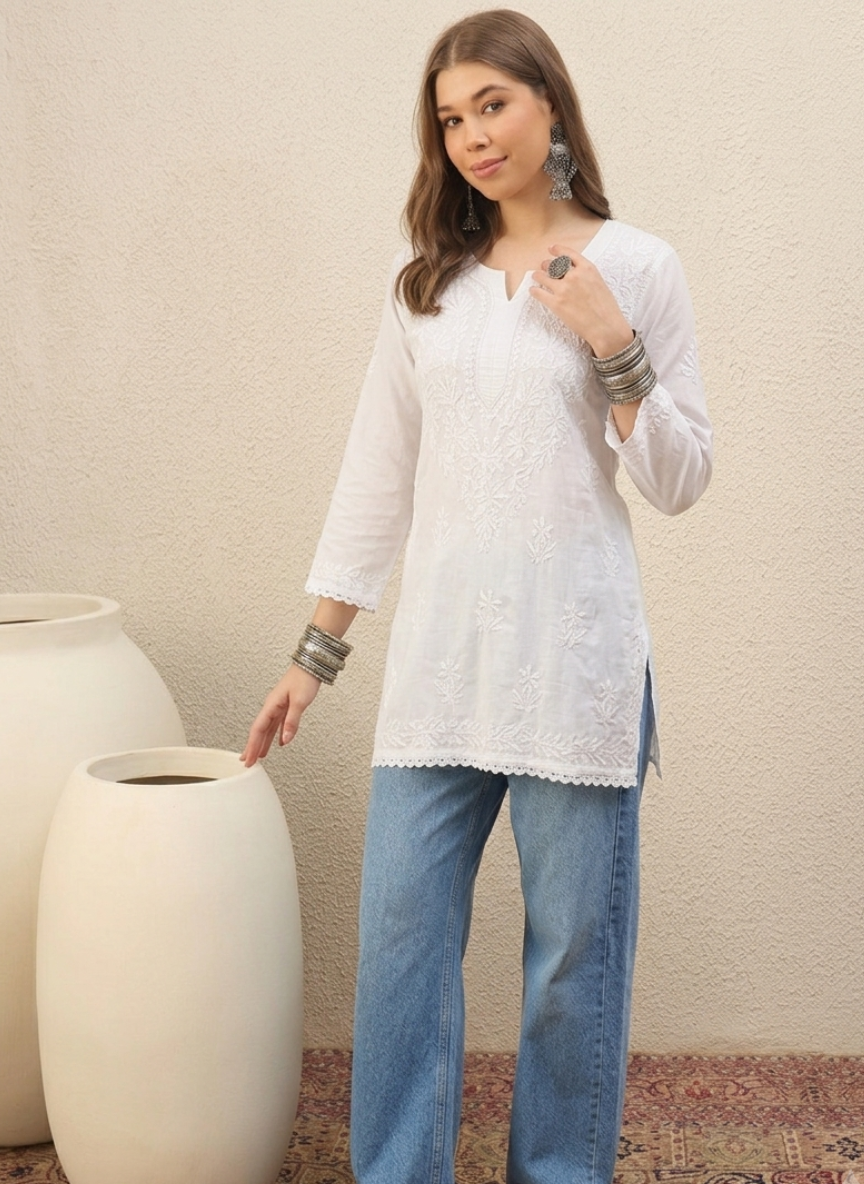 Ayat White Chikankari Mulmul Cotton Short Kurta