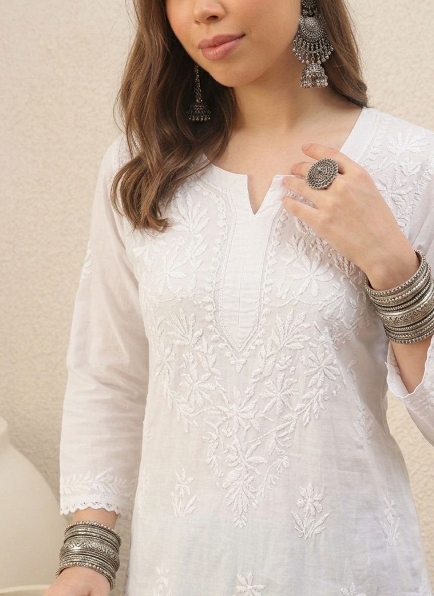 Ayat White Chikankari Mulmul Cotton Short Kurta