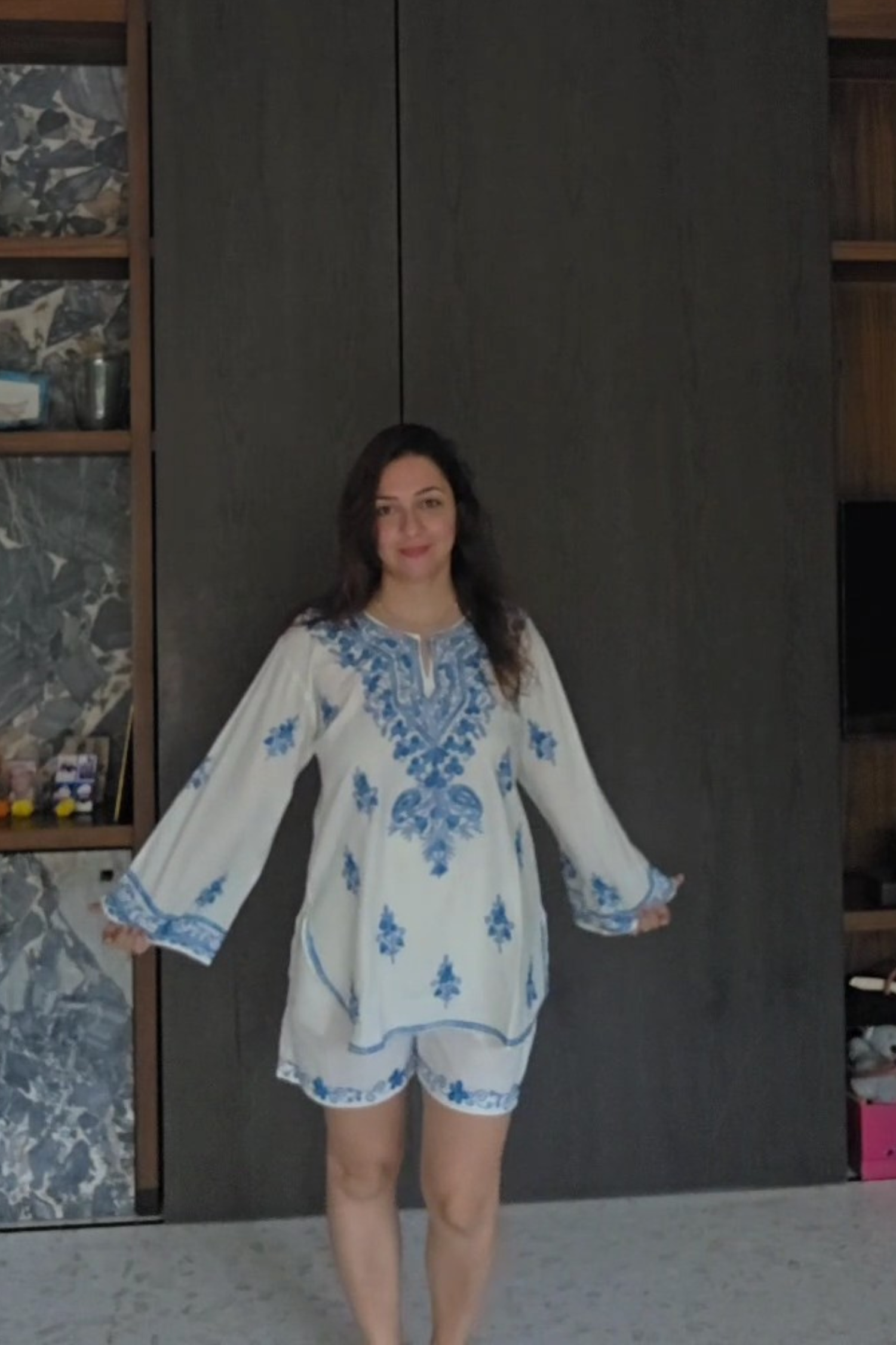 Nauheed Cyrusi In Flirty Fling White Kashmiri Kurta Shorts Set