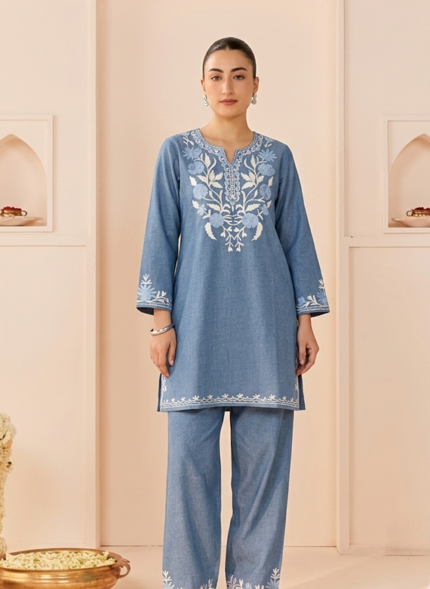 Aakifa Denim Cotton Aari Embroidery Kurta and Pants Coord Set