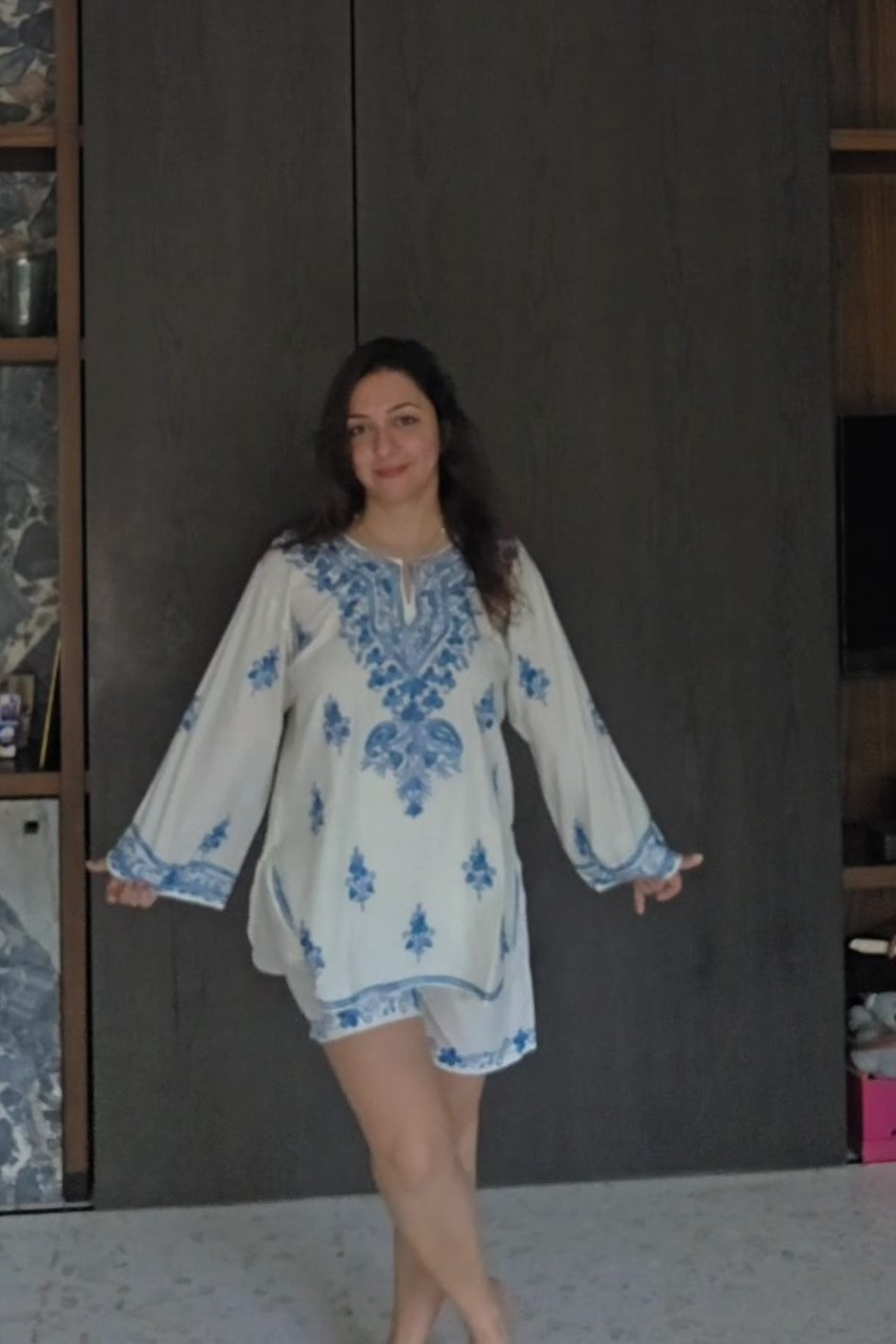 Nauheed Cyrusi In Flirty Fling White Kashmiri Kurta Shorts Set