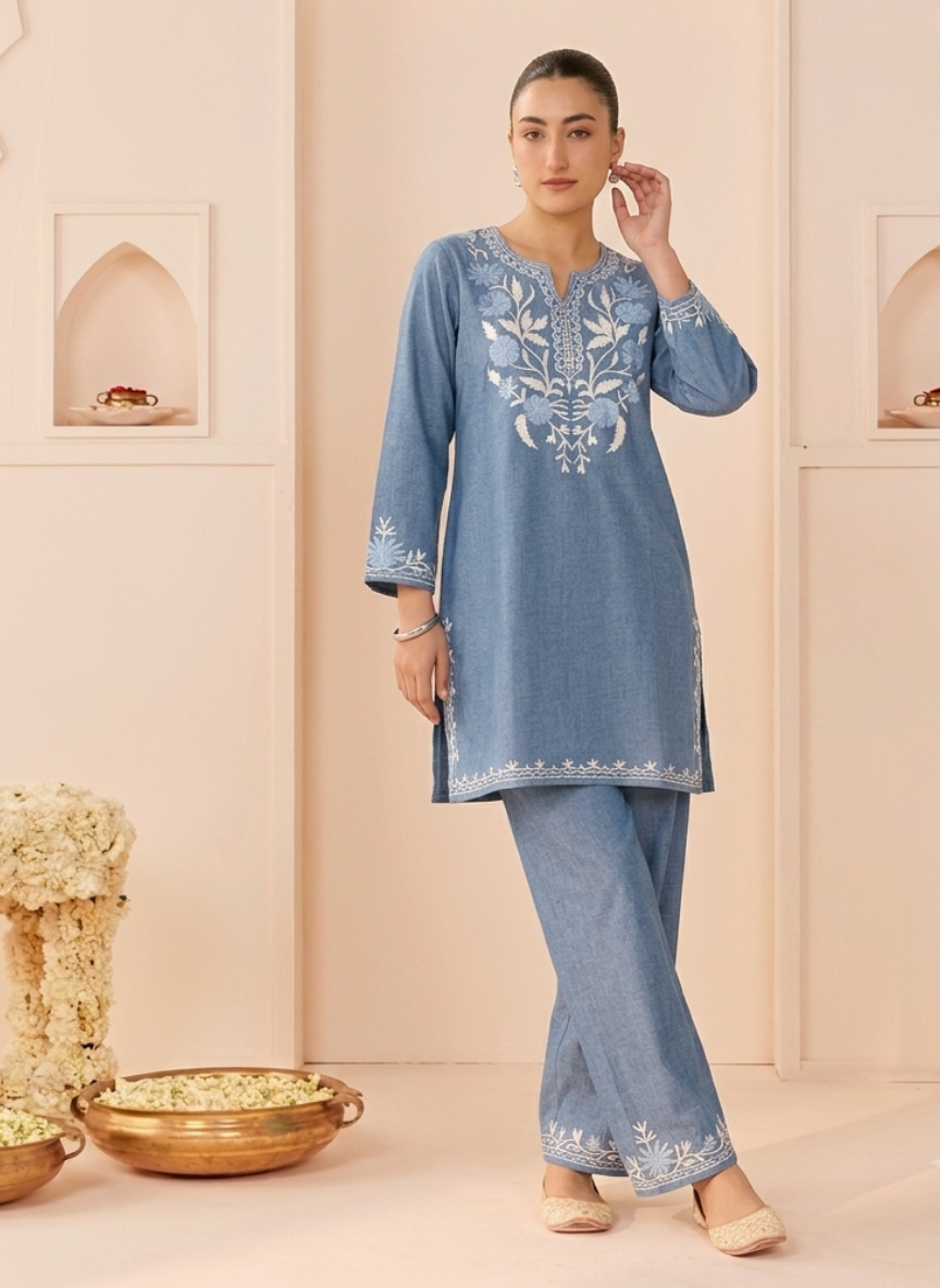 Aakifa Denim Cotton Aari Embroidery Kurta and Pants Coord Set