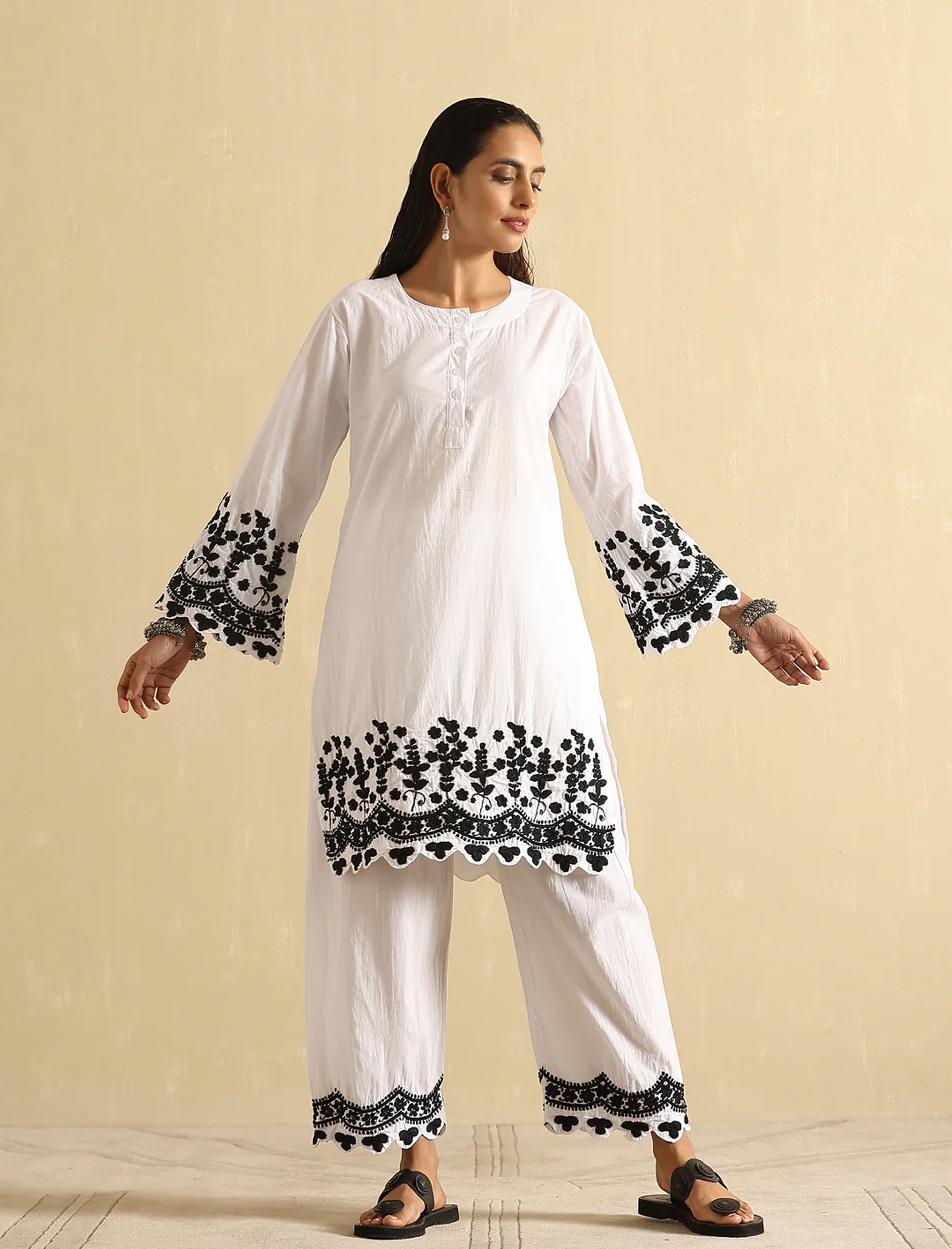 Nazia white and Black Chikankari Kurta and Pants Set