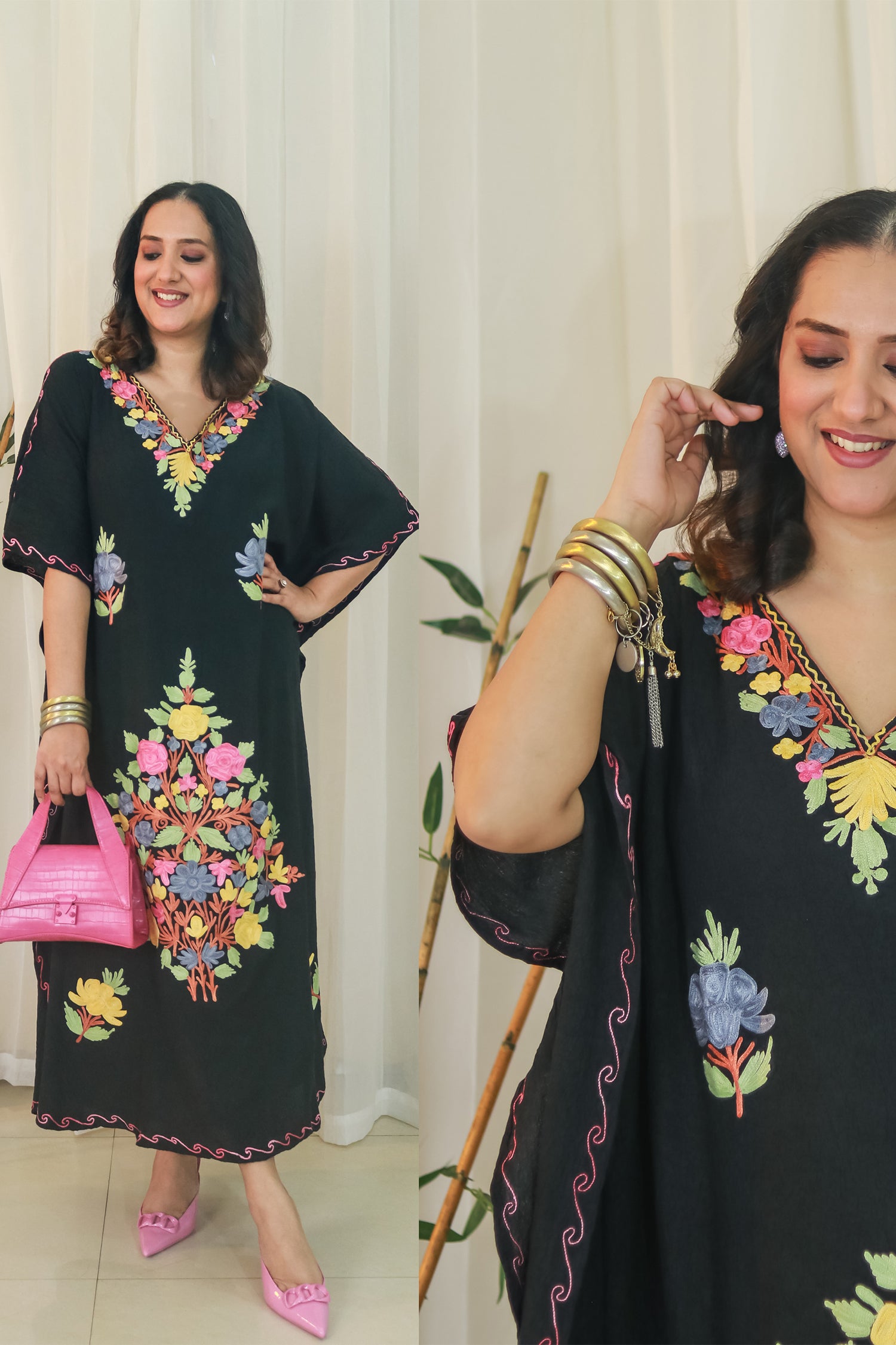 Jet Black Aari Embroidered Kashmiri Long Cotton Kaftan