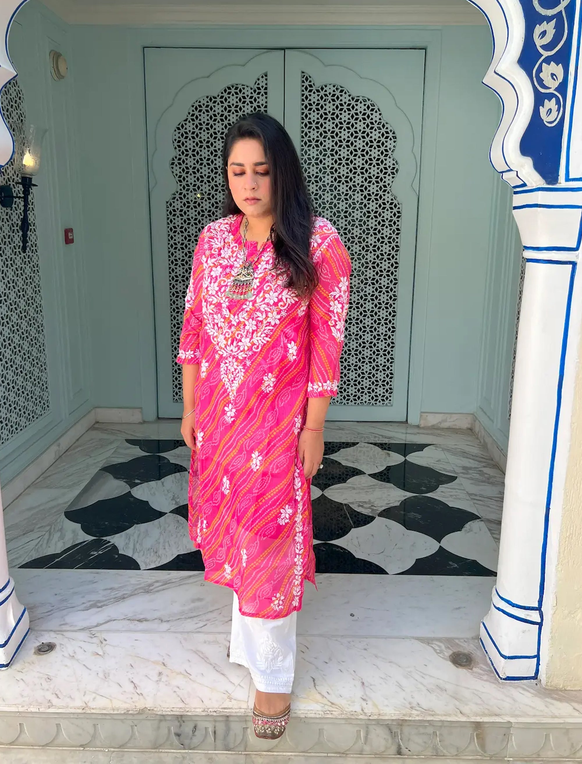 Farhad Gulab Bandhej-Chikan Cotton Kurta
