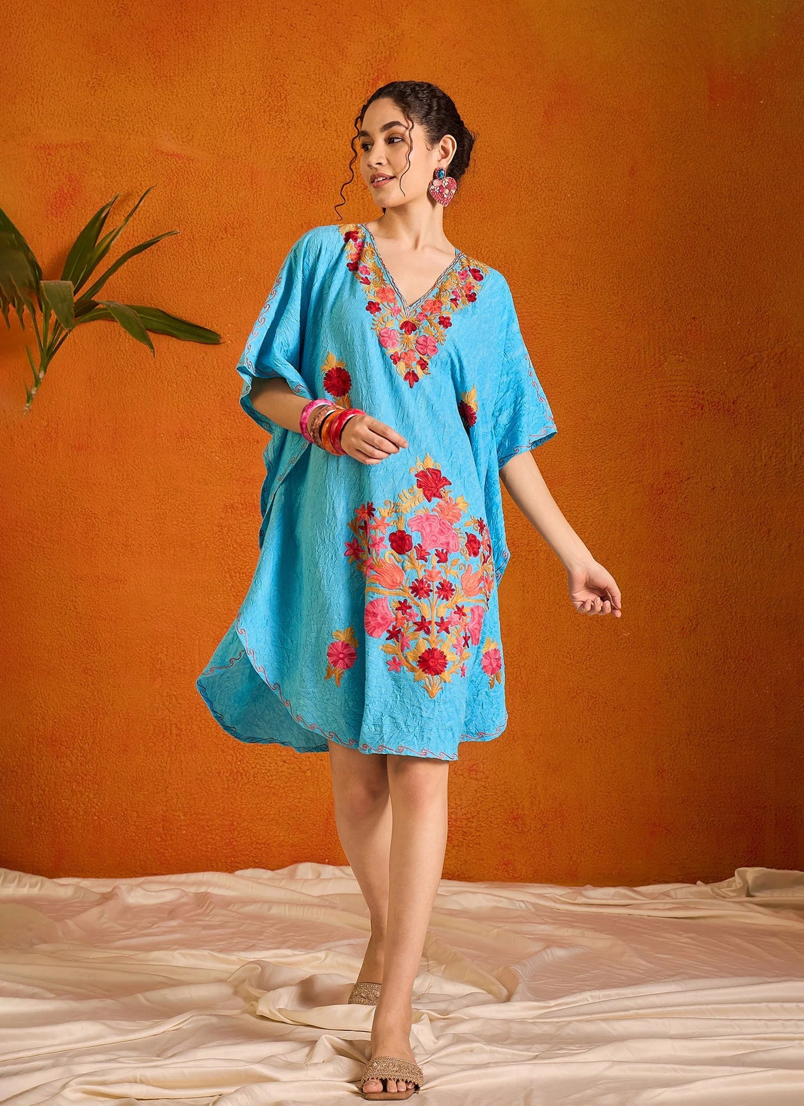 Aqua_Blue_Kashmiri_Short_Cotton_Kaftan_shop_Namastay