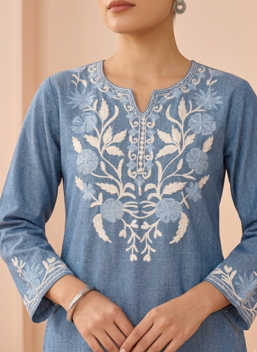 Aakifa Denim Cotton Aari Embroidery Kurta and Pants Coord Set