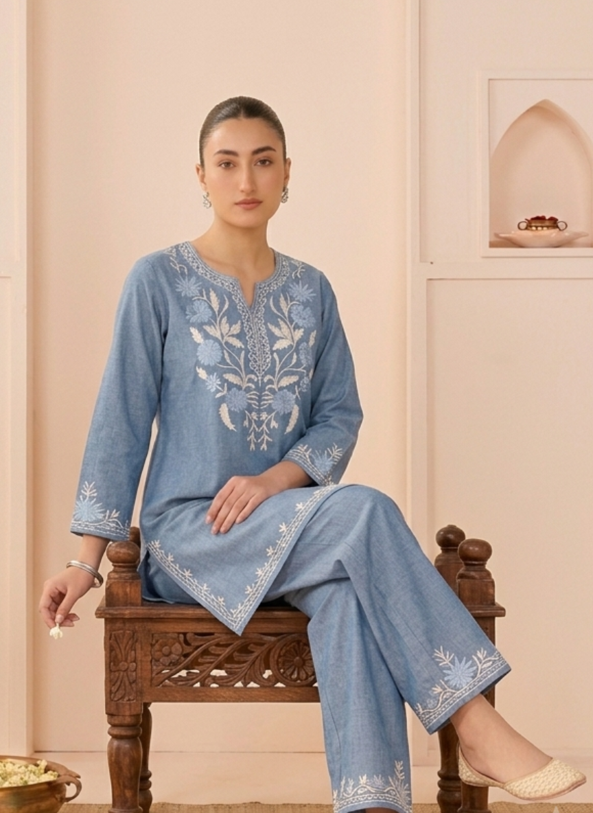 Aakifa Denim Cotton Aari Embroidery Kurta and Pants Coord Set
