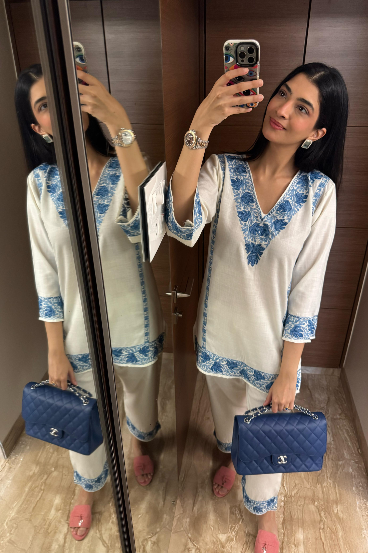Hanna Khan In Alia Blue Cotton Kashmiri Kurta and Pants Set