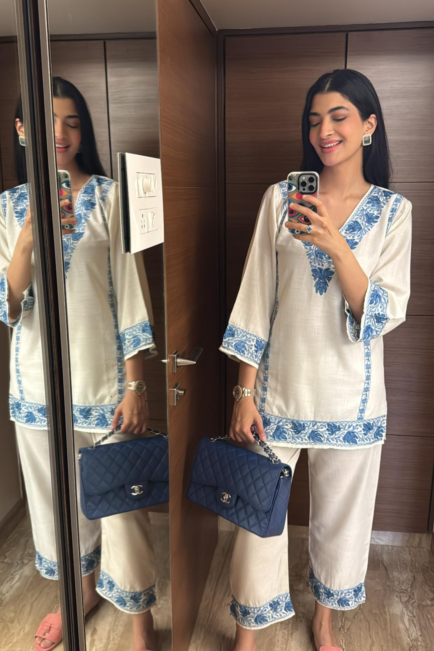 Hanna Khan In Alia Blue Cotton Kashmiri Kurta and Pants Set