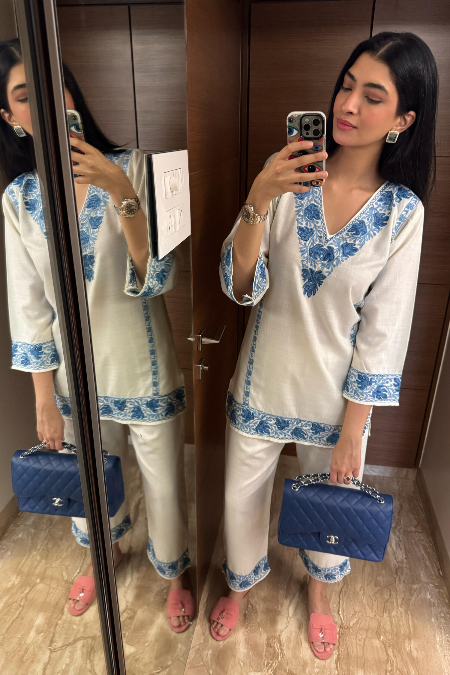 Hanna Khan In Alia Blue Cotton Kashmiri Kurta and Pants Set