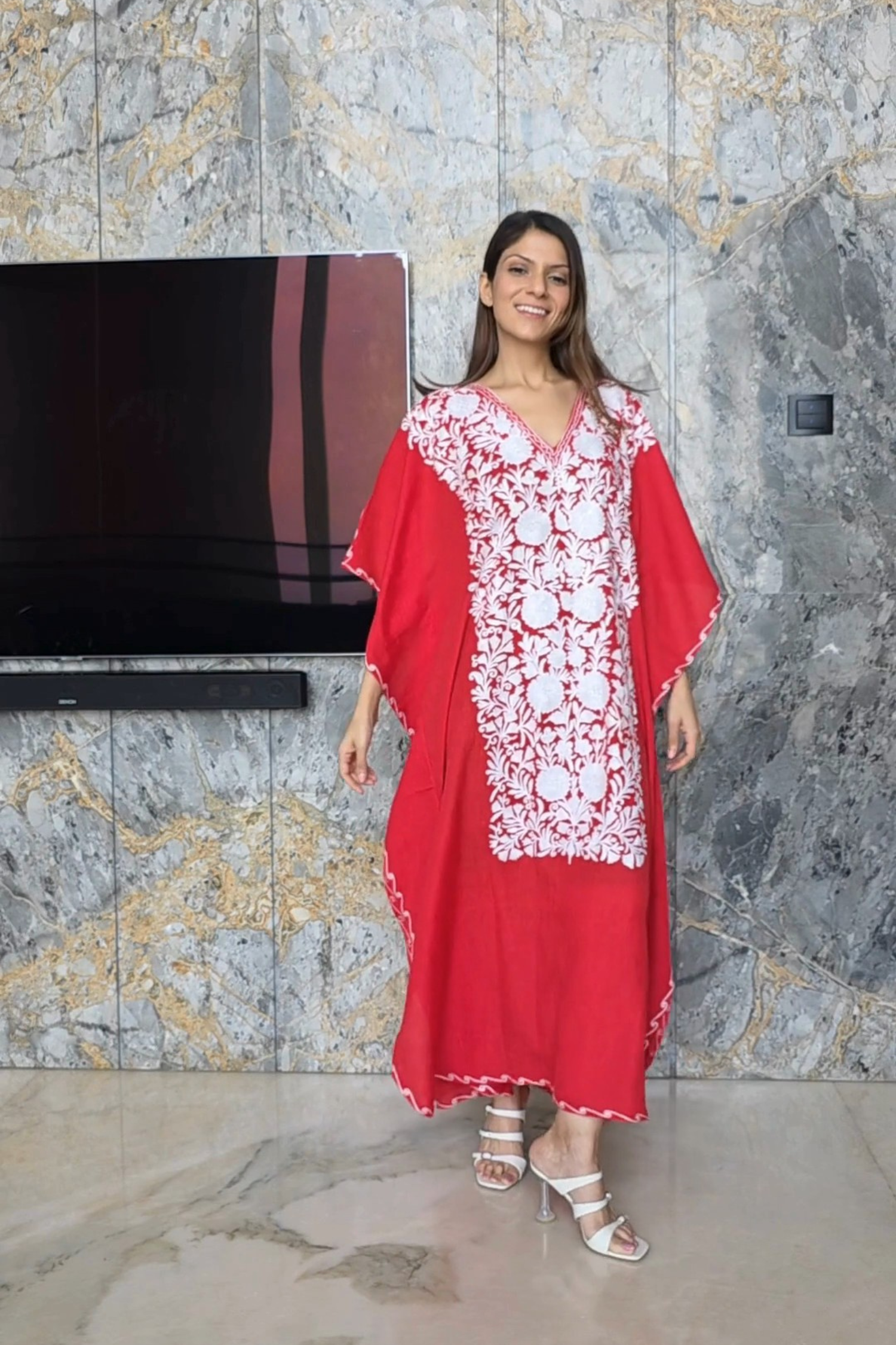 Zahra Abiali Jani In Crimson Red Kashmiri Summer Kaftan - Long