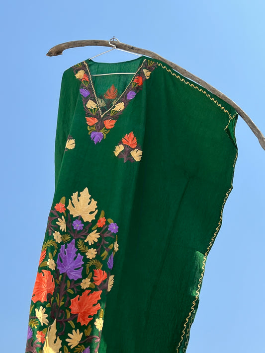 Forest Green Long Kashmiri Aari Embroidered Kaftan