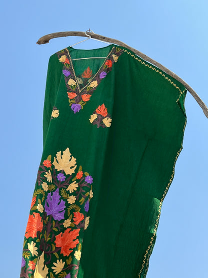 Forest Green Long Kashmiri Aari Embroidered Kaftan