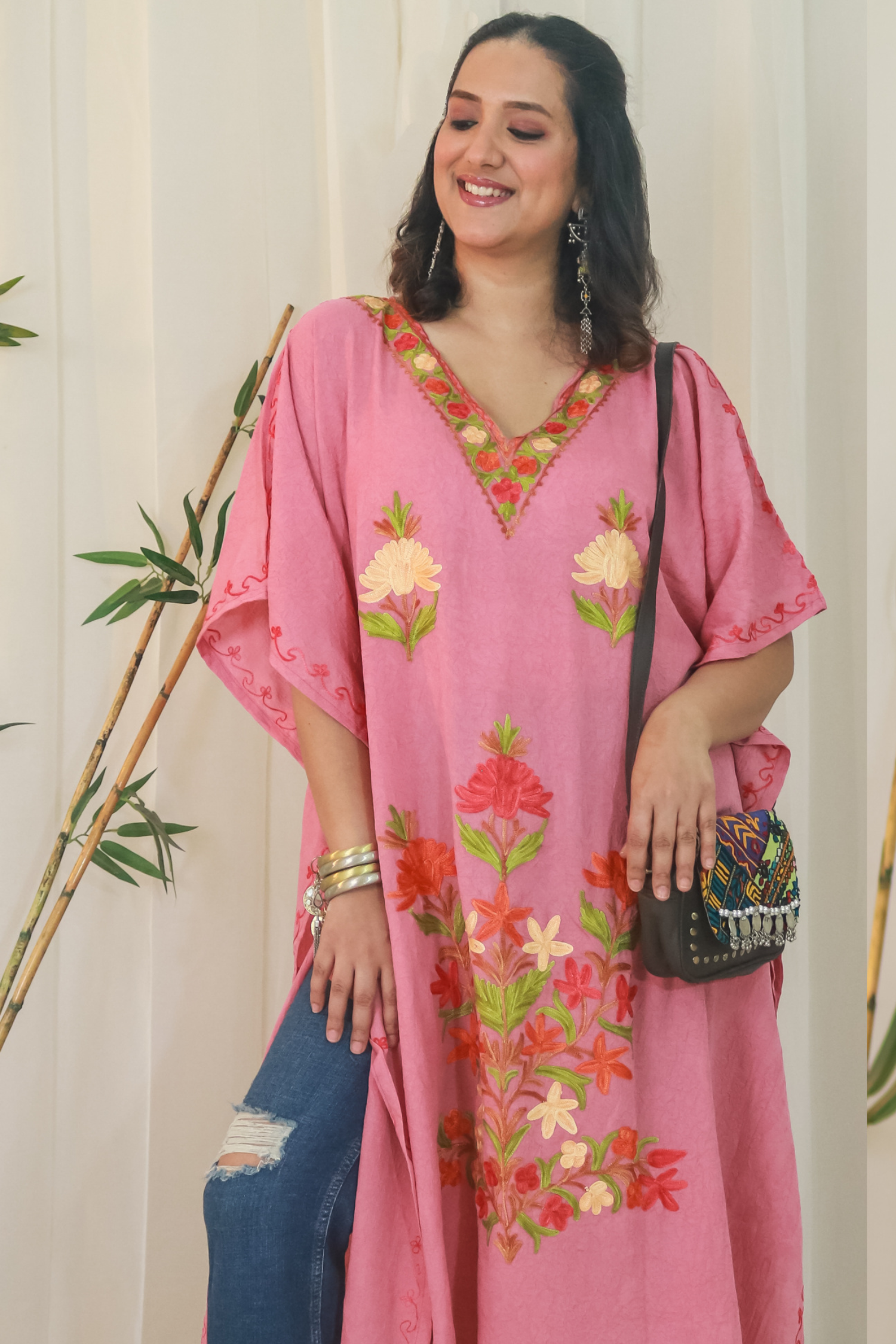 Megha Bahuguna In Pretty Peach Kashmiri Summer Short Cotton Kaftan