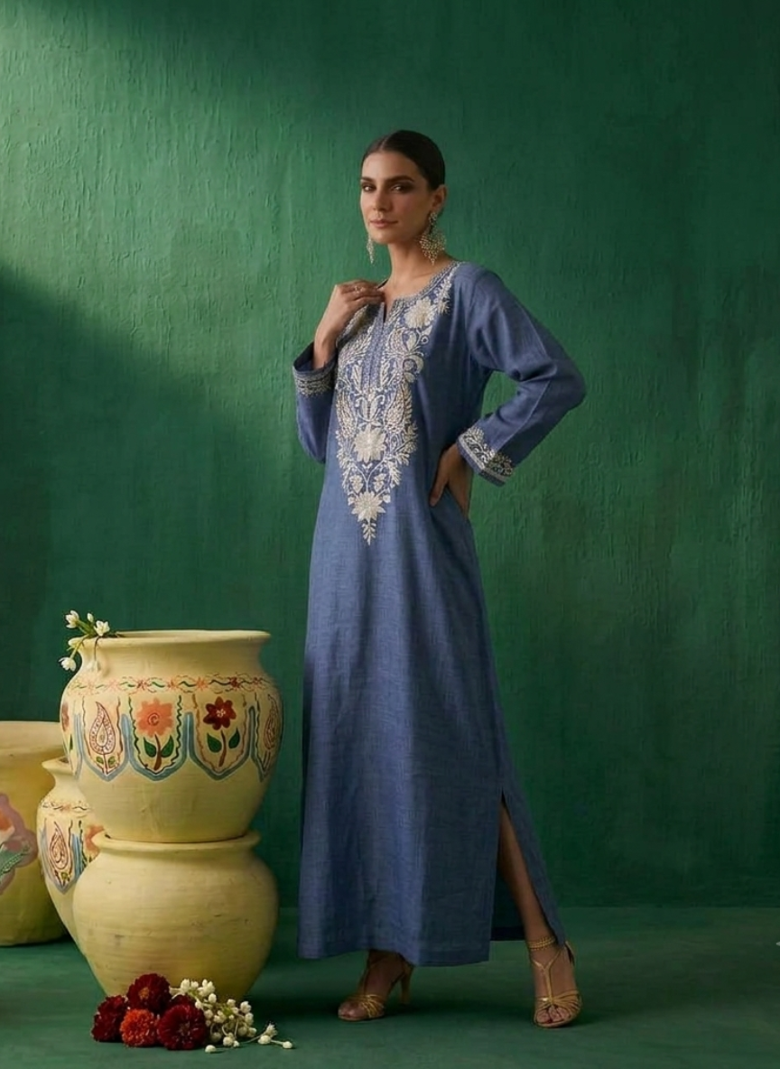 Nazili Denim Blue Kashmiri Zari Embroidered Kaftan