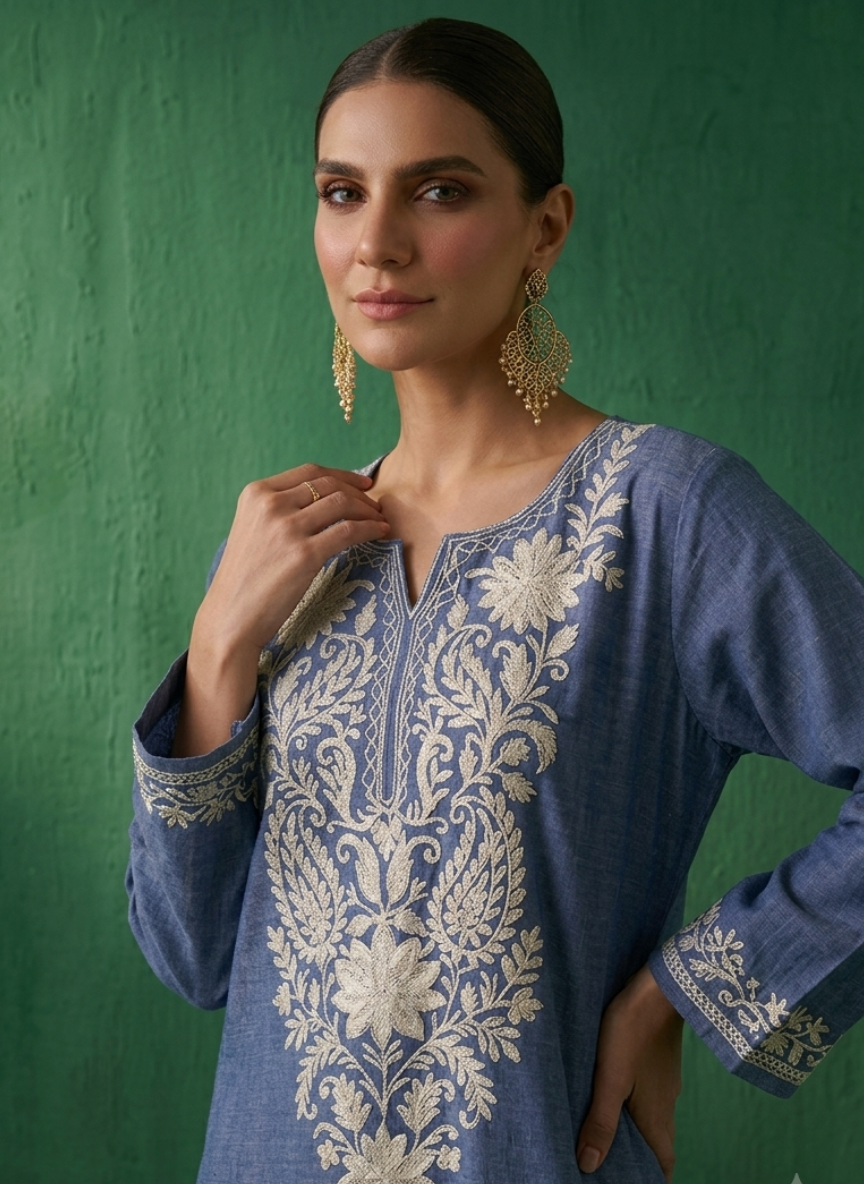 Nazili Denim Blue Kashmiri Zari Embroidered Kaftan