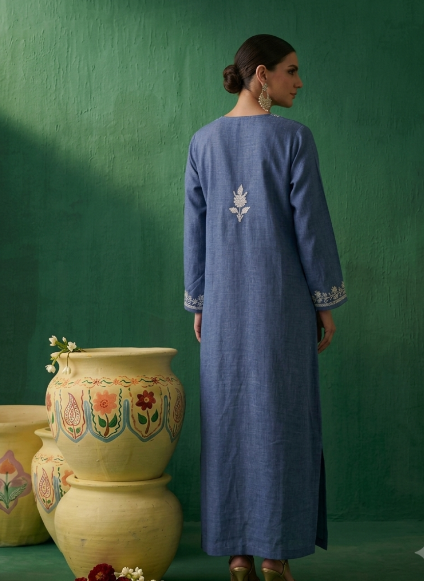 Nazili Denim Blue Kashmiri Zari Embroidered Kaftan