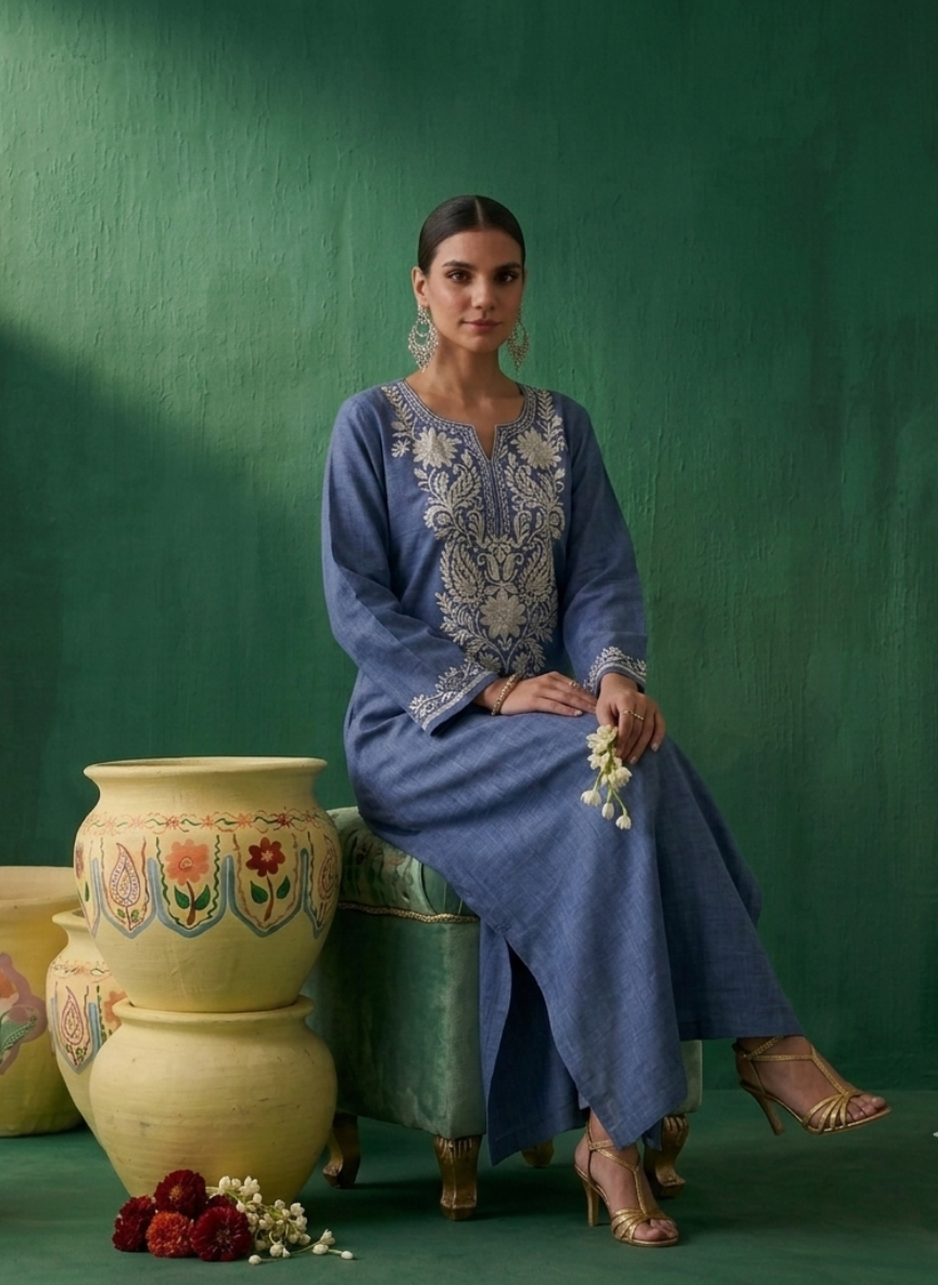 Nazili Denim Blue Kashmiri Zari Embroidered Kaftan
