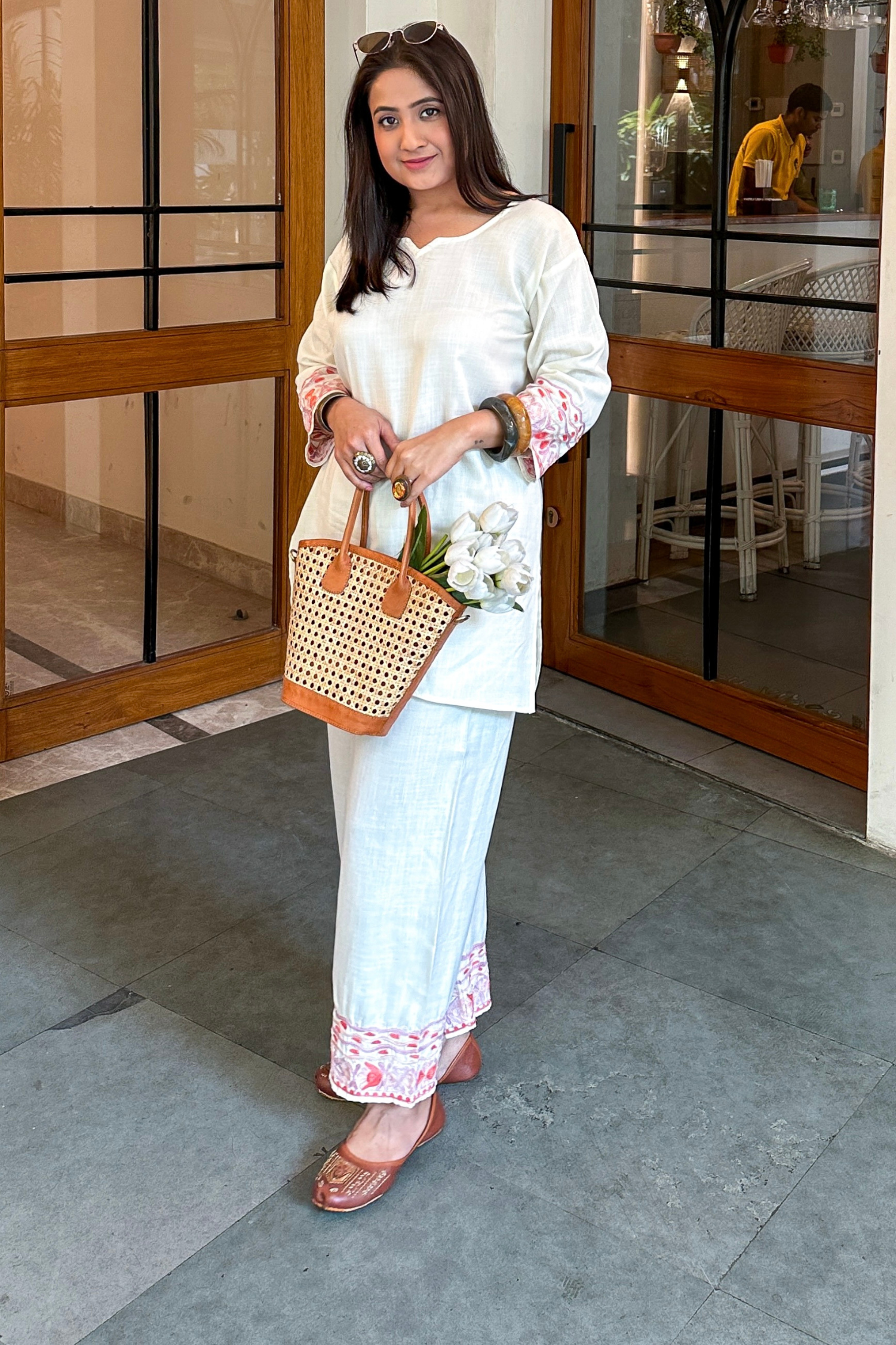 Charu Agrawal In Brunch Breeze White Kashmiri Cotton Kurta Pants Coord Set