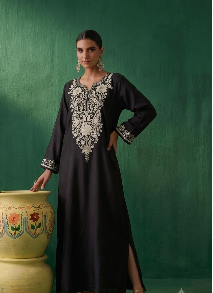 Paheli Black Kashmiri Zari Embroidered Kaftan