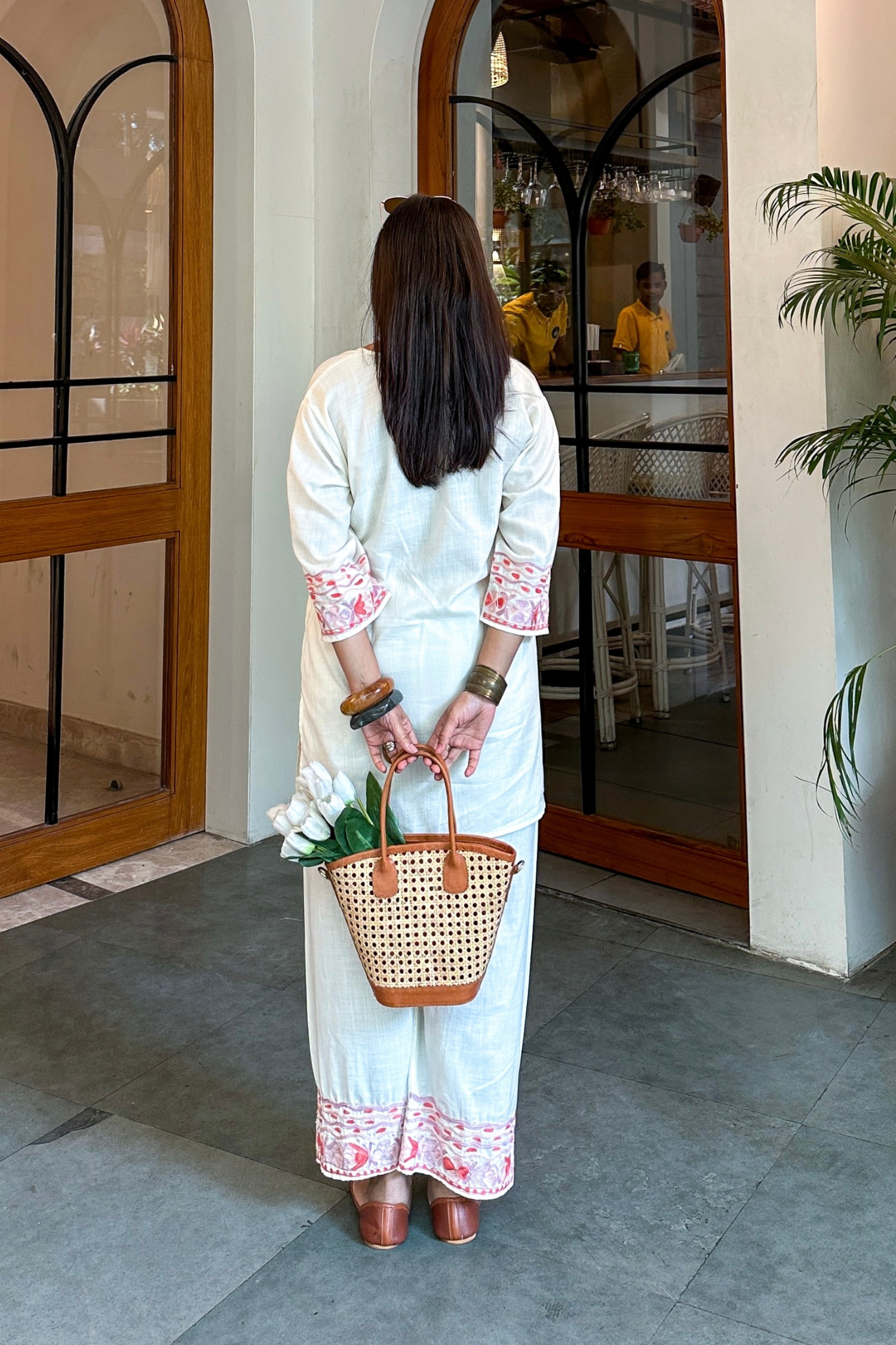 Charu Agrawal In Brunch Breeze White Kashmiri Cotton Kurta Pants Coord Set