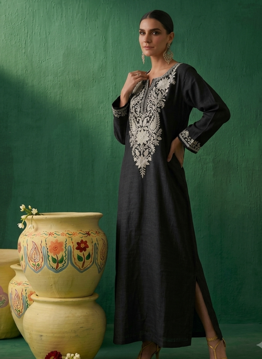 Paheli Black Kashmiri Zari Embroidered Kaftan