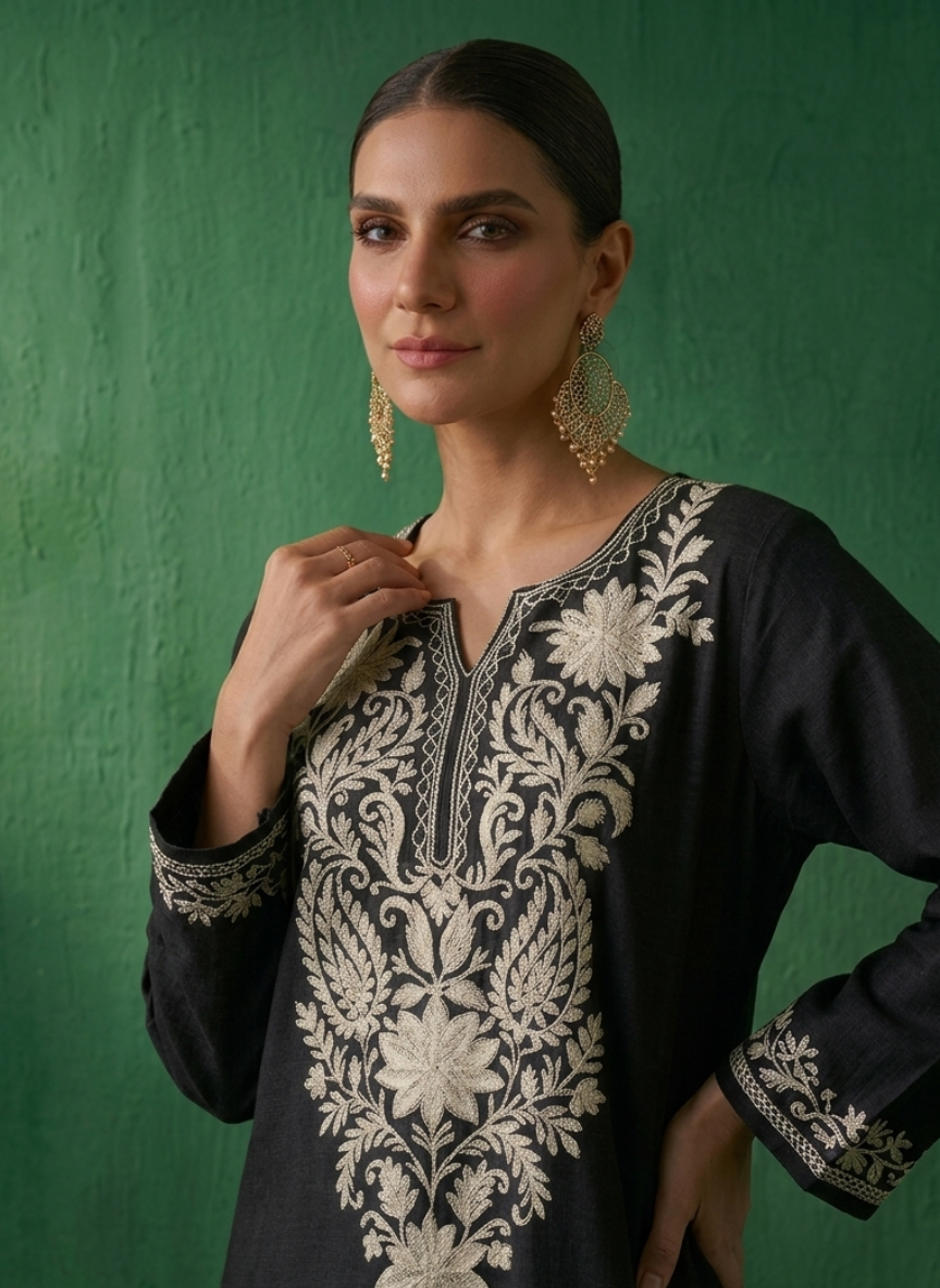 Nazili Denim Blue Kashmiri Zari Embroidered Kaftan