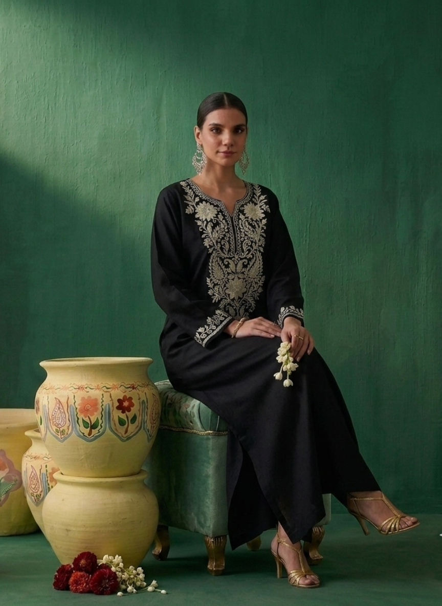 Paheli Black Kashmiri Zari Embroidered Kaftan