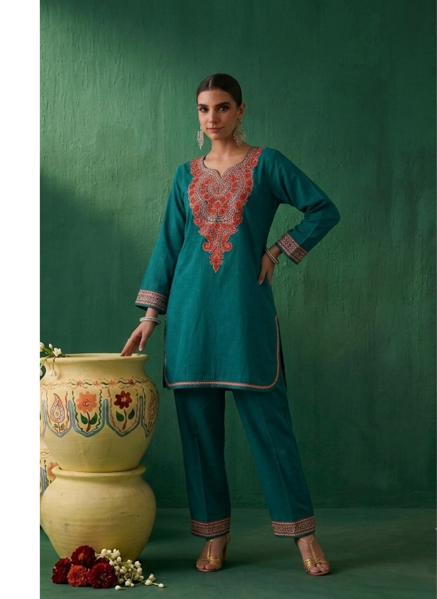 Nazili Denim Blue Kashmiri Zari Embroidered Kaftan