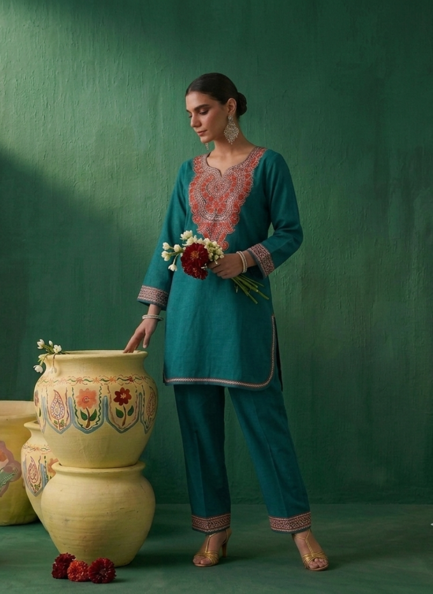 Nazili Denim Blue Kashmiri Zari Embroidered Kaftan