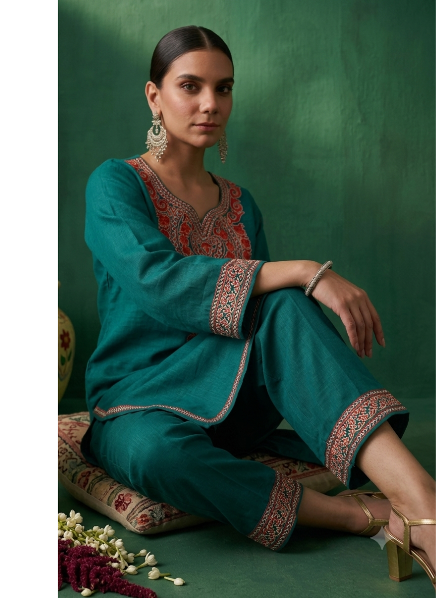 Nazili Denim Blue Kashmiri Zari Embroidered Kaftan