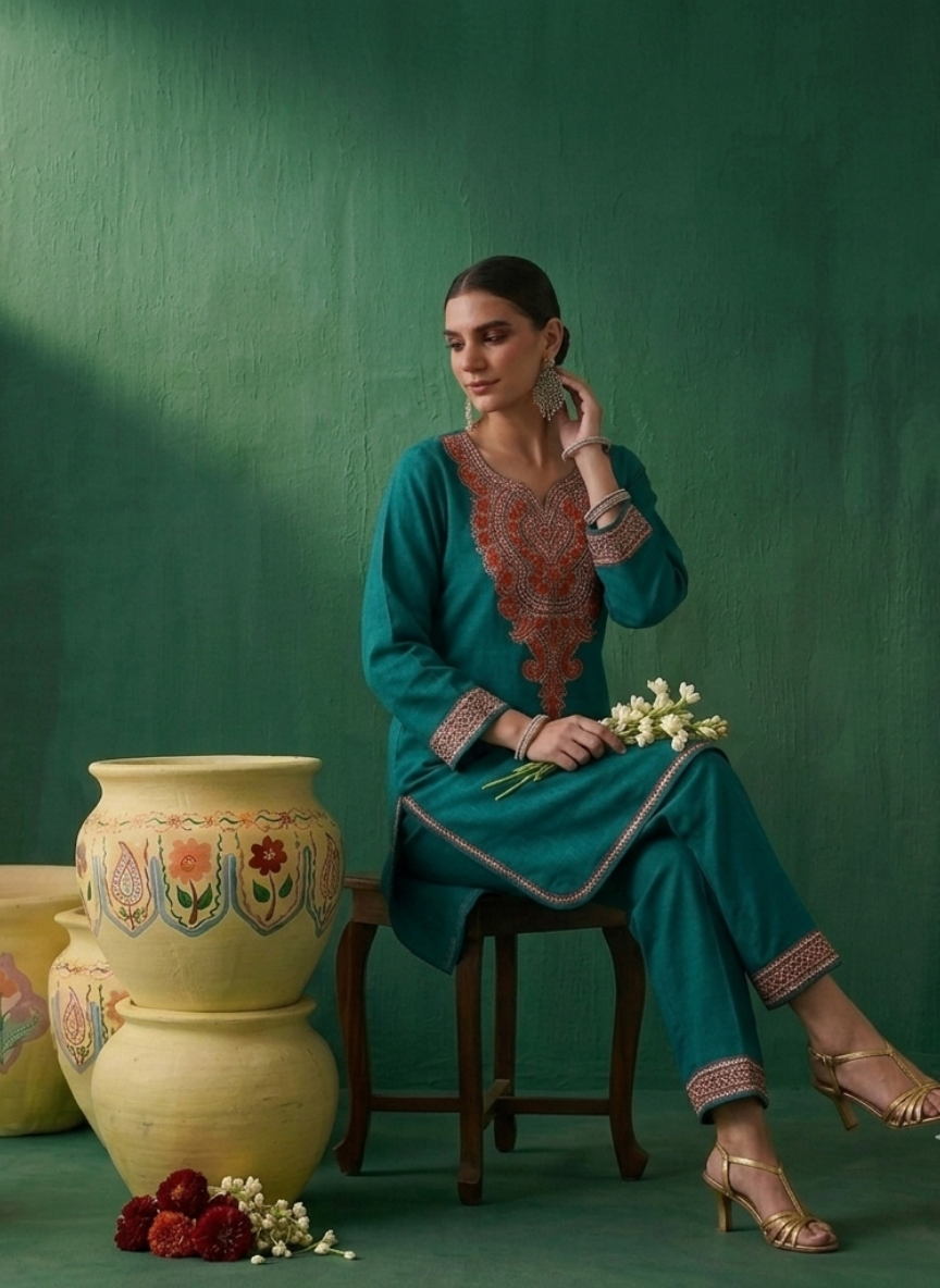Aaliyah Green Kashmiri Zari Embroidered Kurta and Pants Set