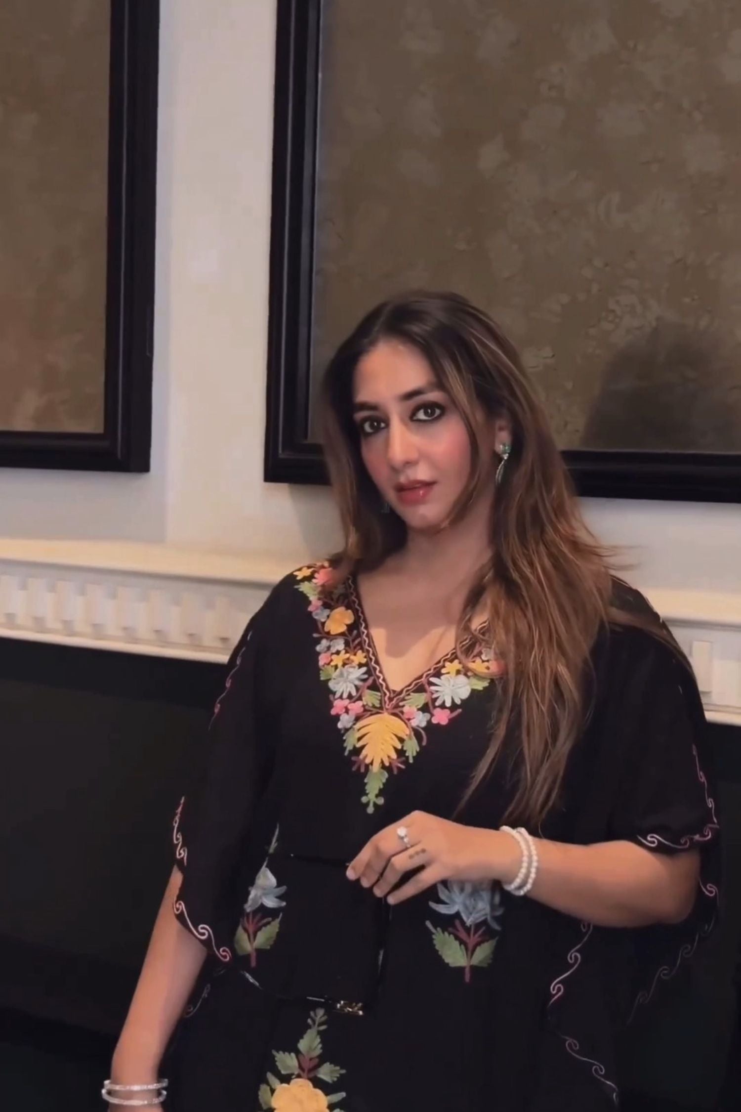 Shiana Kothari In Jet Black Aari Embroidered Kashmiri Long Cotton Kaftan