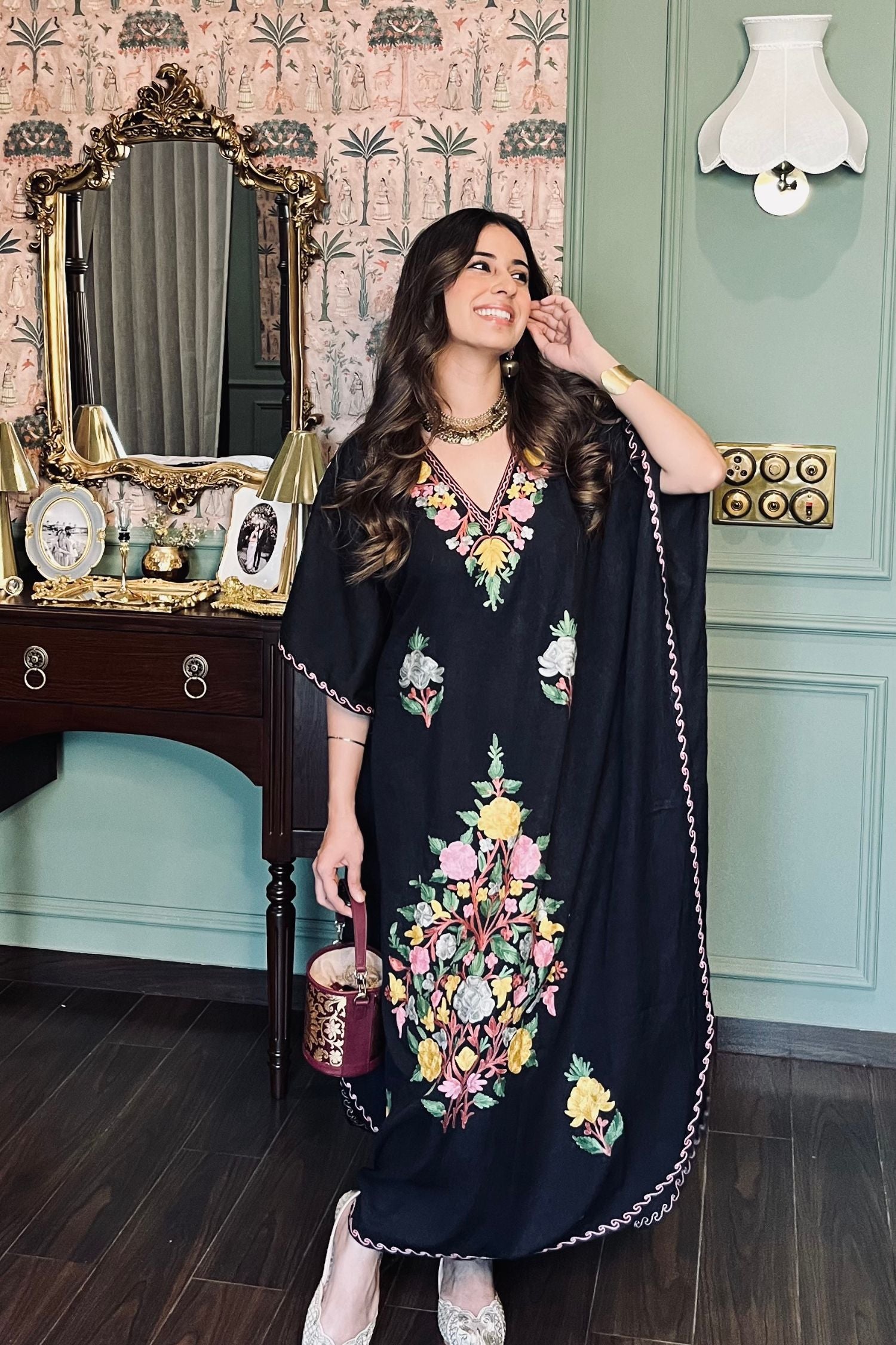 Sania Chadha In Jet Black Aari Embroidered Kashmiri Long Cotton Kaftan