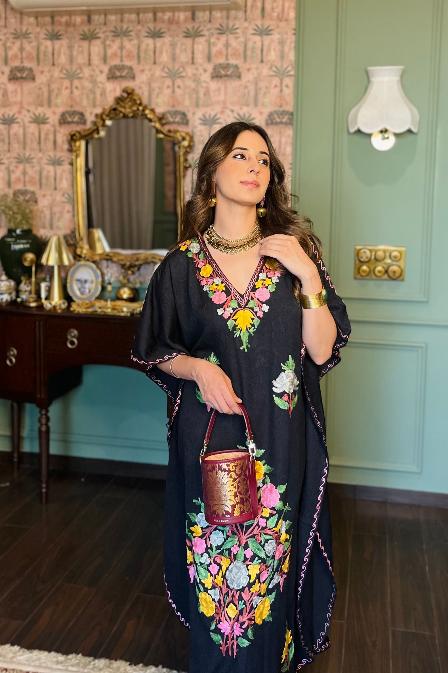 Sania Chadha In Jet Black Aari Embroidered Kashmiri Long Cotton Kaftan