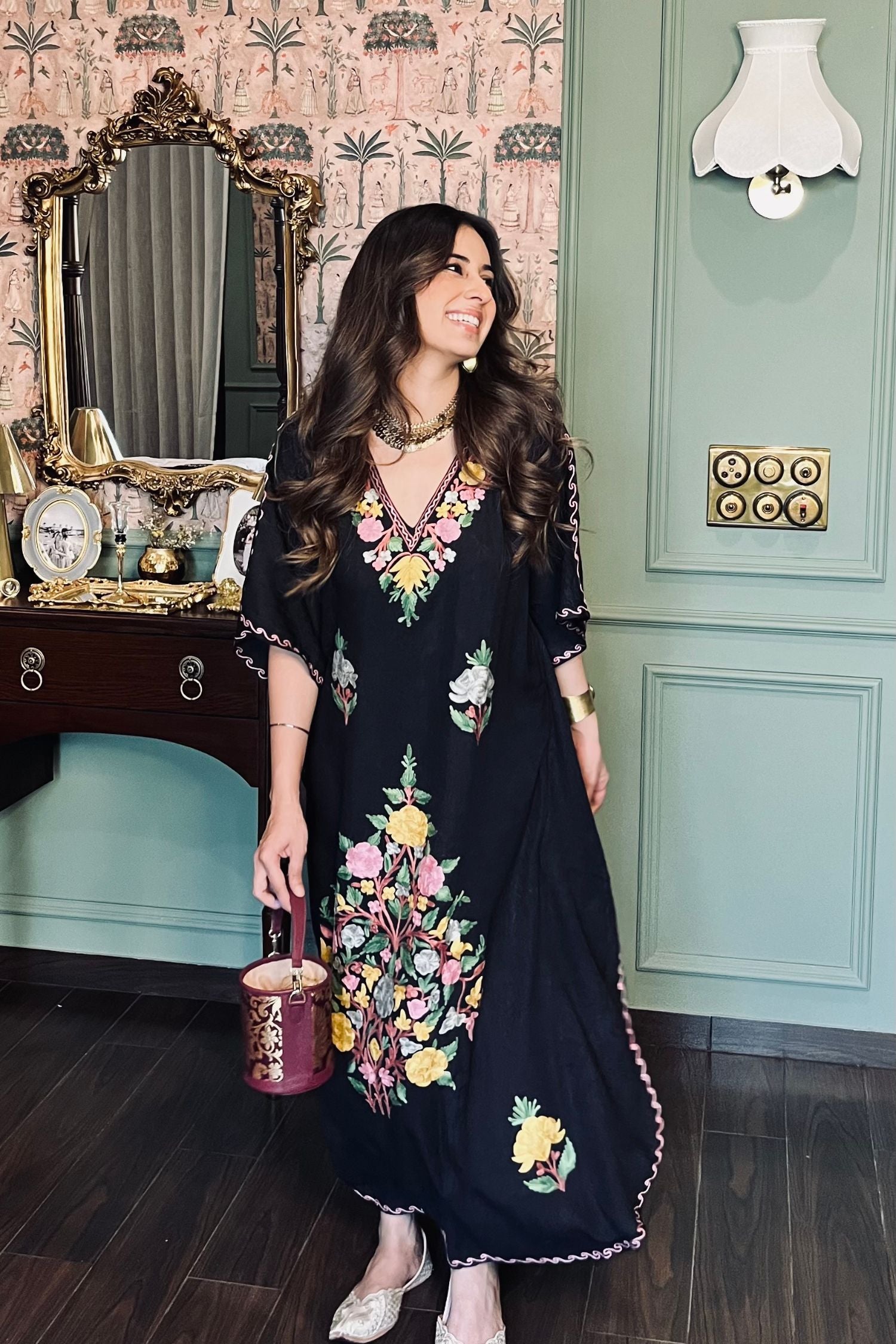 Sania Chadha In Jet Black Aari Embroidered Kashmiri Long Cotton Kaftan