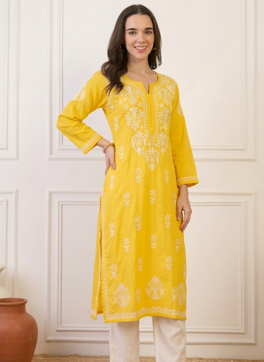 Ghaliya Yellow Chikankari Yellow Straight Modal Cotton Kurta