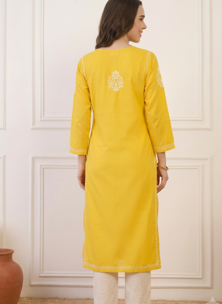 Ghaliya Yellow Chikankari Yellow Straight Modal Cotton Kurta