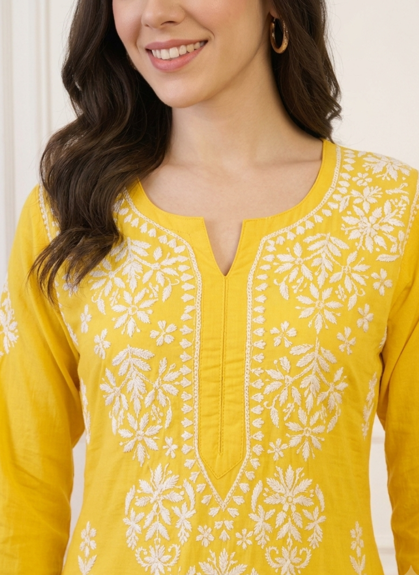 Ghaliya Yellow Chikankari Yellow Straight Modal Cotton Kurta