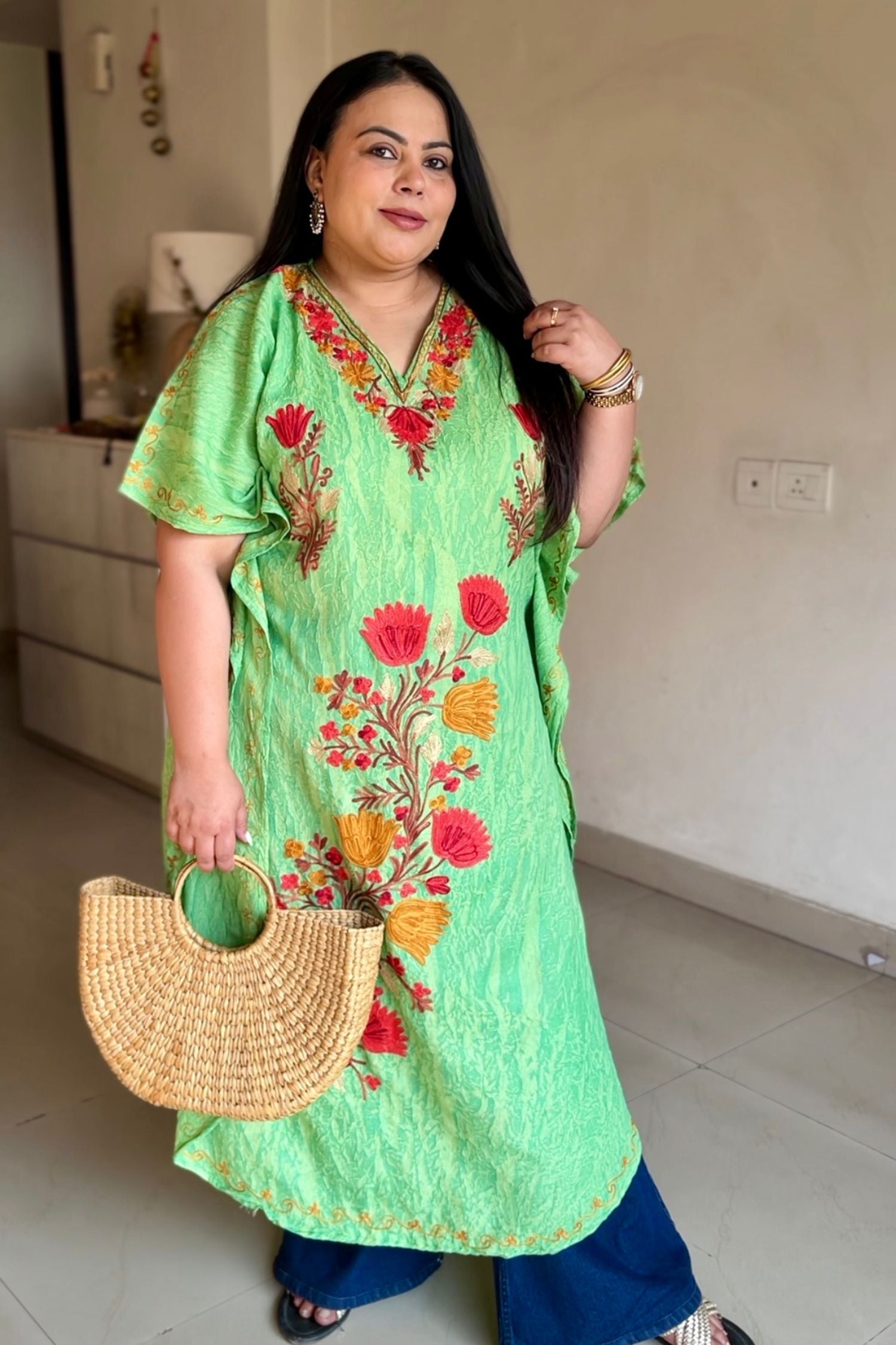 Vigya Walia In Glam Green Kashmiri Summer Long Cotton Kaftan