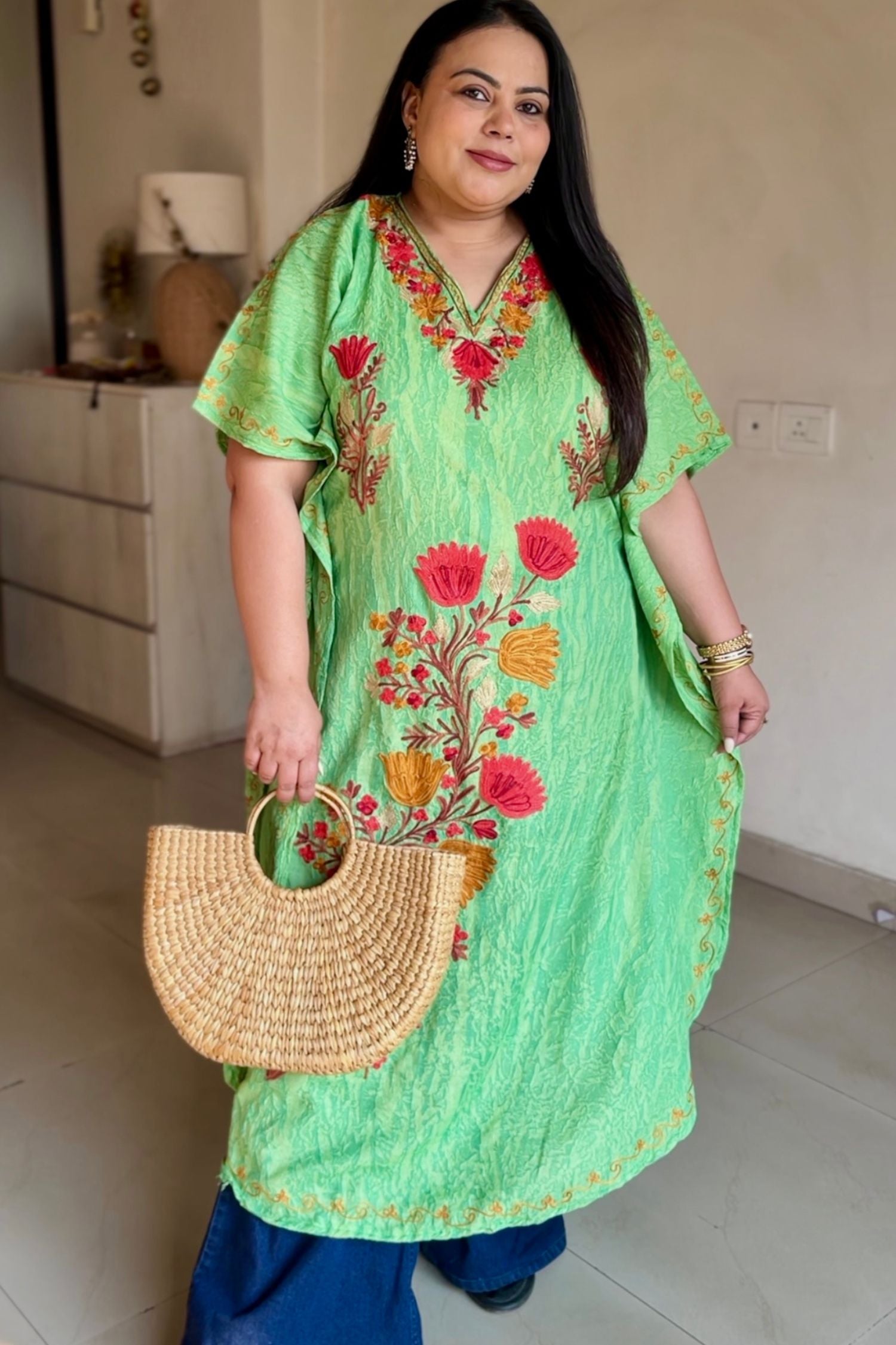 Vigya Walia In Glam Green Kashmiri Summer Long Cotton Kaftan
